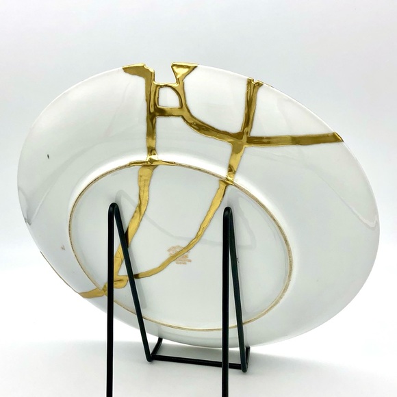 Kintsugi Plate Japanese Hand Painted Landscape Sailboat Gold Crack Growth Gift - Picture 7 of 12